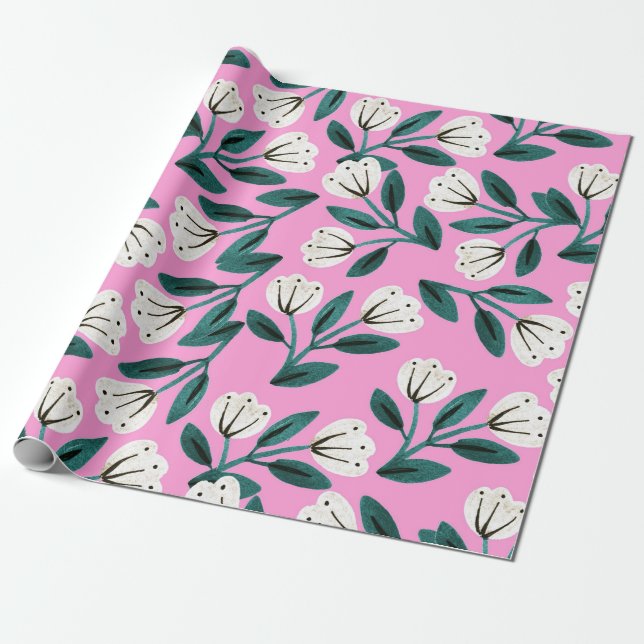 Papel De Presente Floral Rosa e Branco (Desenrolado)