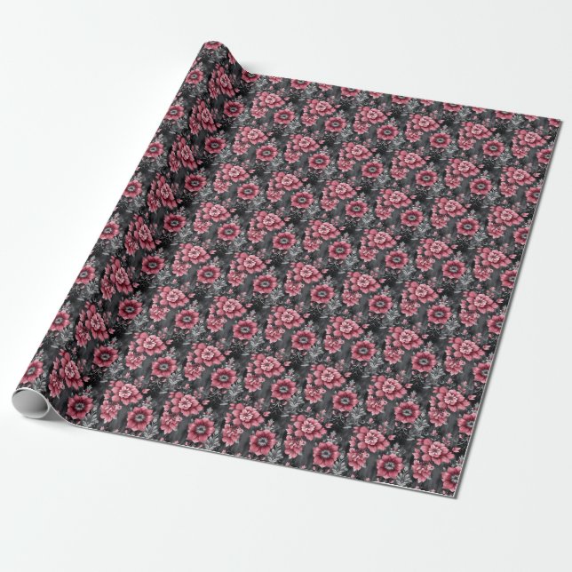 Papel De Presente Floral Rosa e Cinza (Desenrolado)