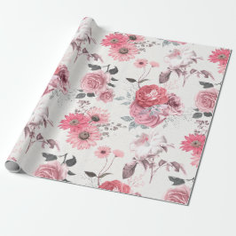 Papel De Presente Floral Rosa e Prata