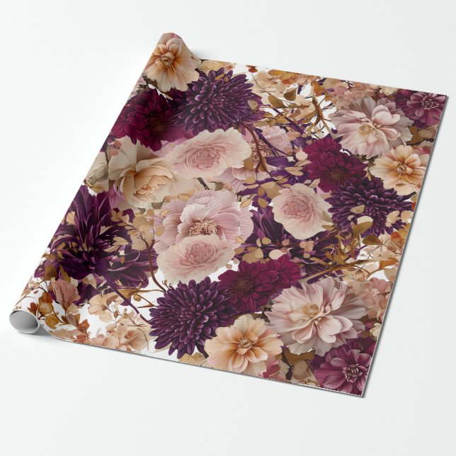 Papel De Presente Floral Rústico de Flores Silvestres Borgonha e Ros (Desenrolado)