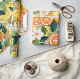 Papel De Presente Floral Tropical Cítrico em Flor