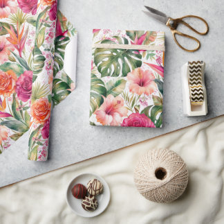 Papel De Presente Floral Tropical Colorido | Hibisco & Folhagem