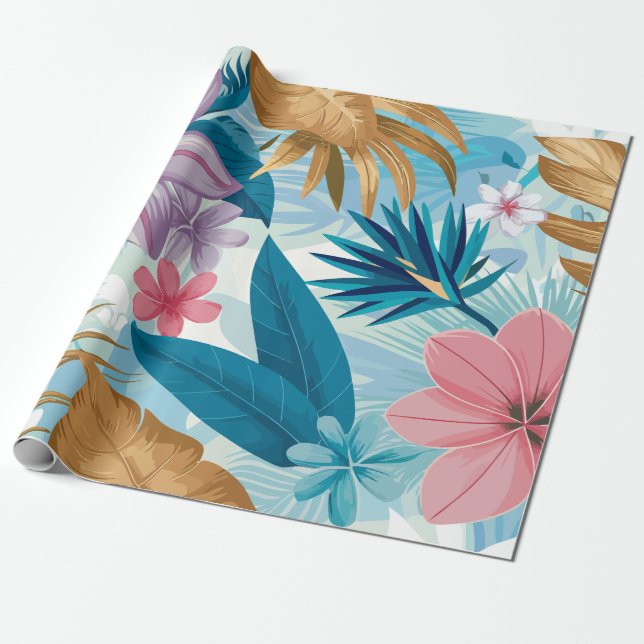 Papel De Presente Floral Tropical com Folhas de Lush e Blogues Exóti (Desenrolado)