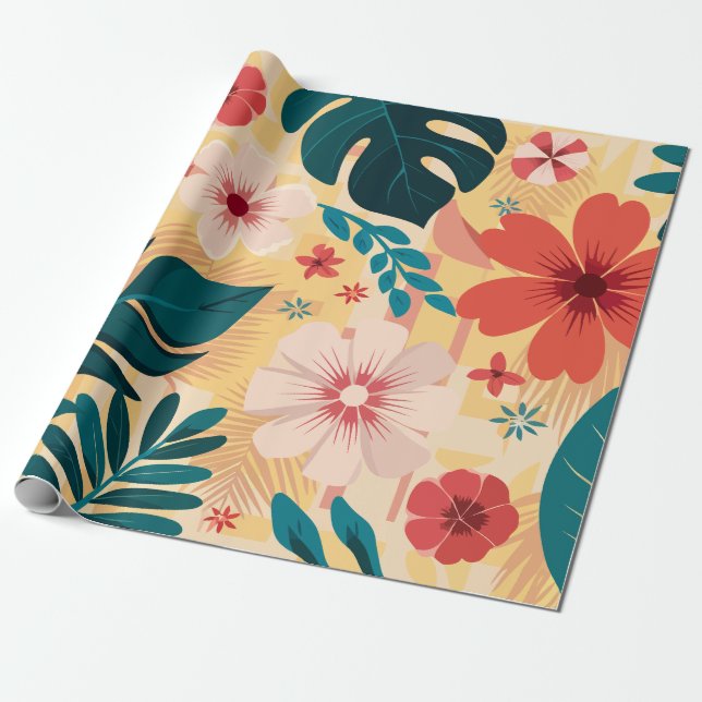 Papel De Presente Floral Tropical com Folhas e Flores Negrito (Desenrolado)