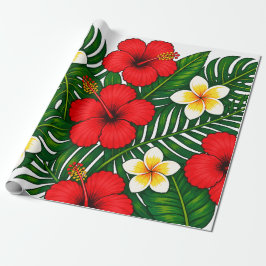 Papel De Presente Floral Tropical com Hibisco e Plumeria