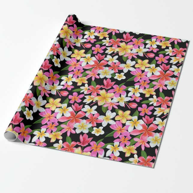 Papel De Presente Floral tropical em preto (Desenrolado)