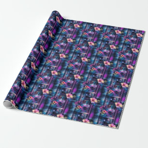 Papel De Presente Floral Tropical Roxo e Azul