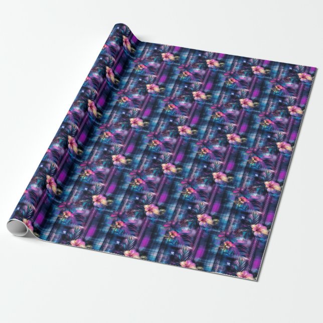 Papel De Presente Floral Tropical Roxo e Azul (Desenrolado)