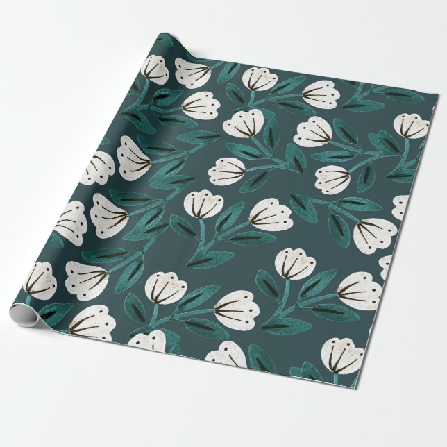 Papel De Presente Floral Verde Água e Branco (Desenrolado)