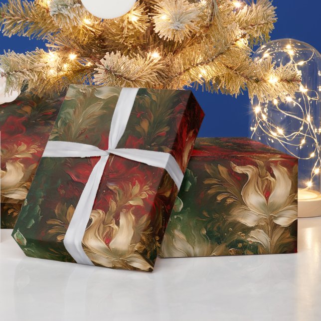 Papel De Presente Floral Verde Branco Vermelho (Feriados)