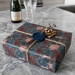 Papel De Presente Floral Victoriana da Meia-Noite Rosas Borgonha e