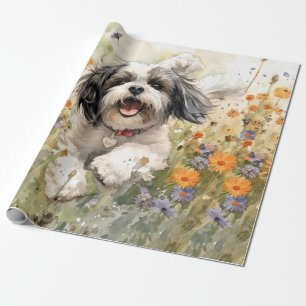 Papel De Presente Floral Watercolor Shih Tzu que corre através da fl