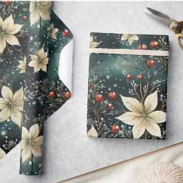 Papel De Presente Floral Winter Cream Poinsettia