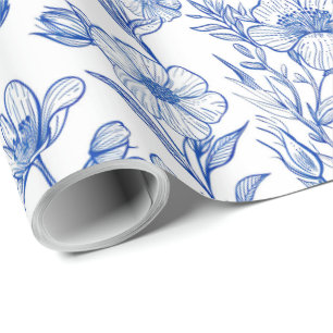 Papel De Presente Floral Xadrez Azul e Branco