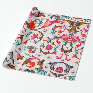 PAPEL DE PRESENTE FLORENTINA RENAISSÂNCIA, PEDAÇOS FLORAIS VERMELHOS