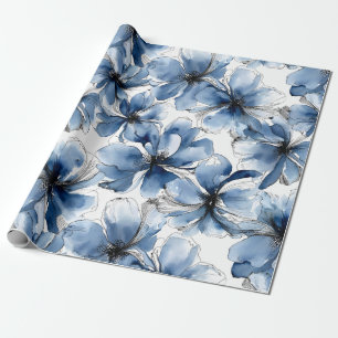 Papel De Presente Flores Abstratas em Aquarela Azul e Branco