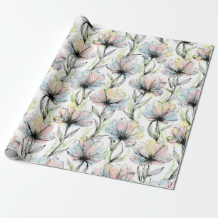 Papel De Presente Flores Abstratas em Caneta e Tinta com Lavagem de