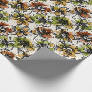 Papel De Presente Flores Abstratas em Caneta e Tinta com Lavagens de
