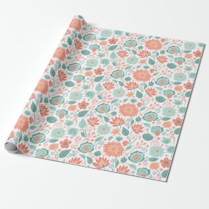 Papel De Presente Flores Abstratas Minimalistas Coral e Verde