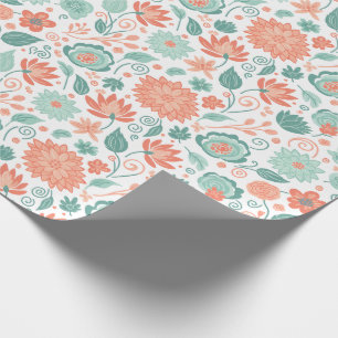 Papel De Presente Flores Abstratas Minimalistas Coral e Verde