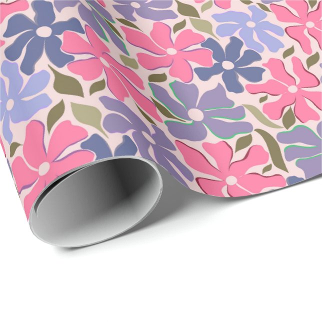 Papel De Presente Flores Abstratas Rosa e Roxo Alegres (Ponta do rolo)