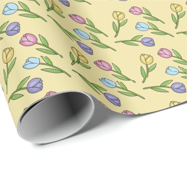 Papel De Presente Flores Aleatórias de Primavera Tulipas Páscoa  (Ponta do rolo)