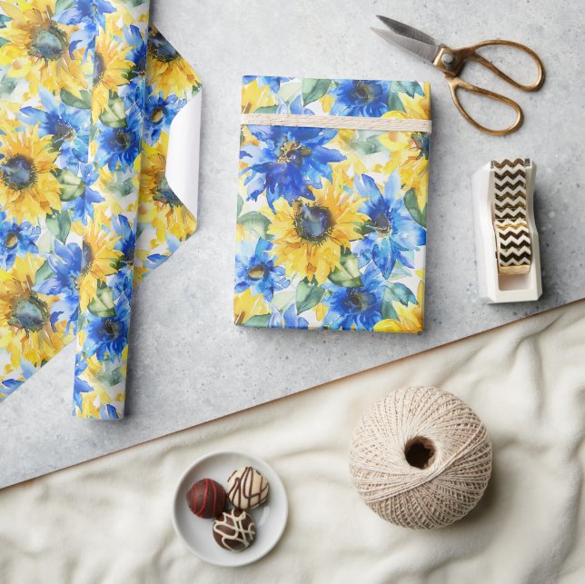 Papel De Presente Flores Amarelas Azuis de Aniversário (Artesanato)