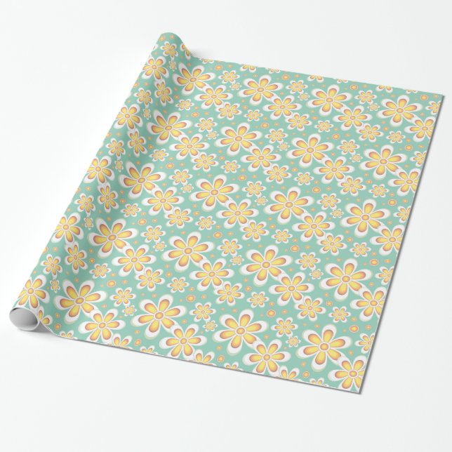 Papel De Presente Flores Amarelas de Primavera no Verde (Desenrolado)