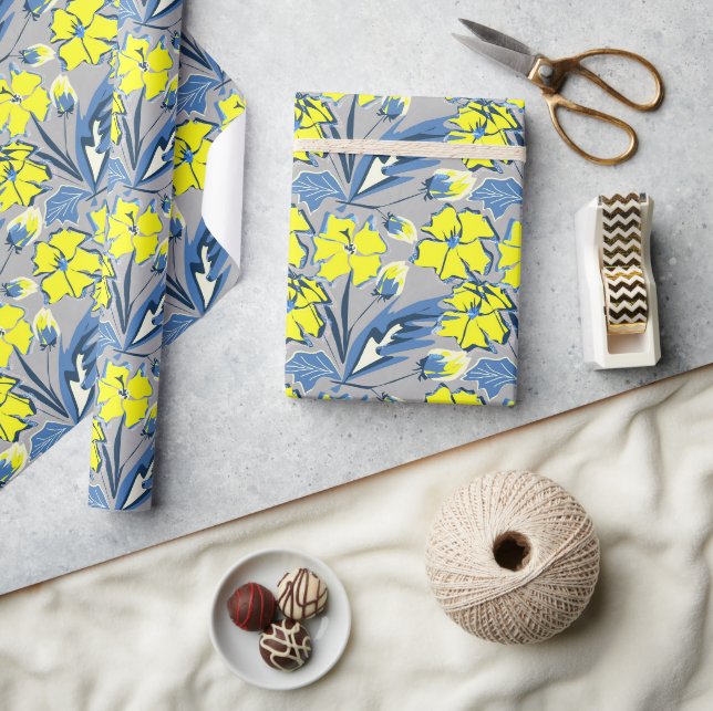 Papel De Presente Flores amarelas e azuis com faíscas (Artesanato)