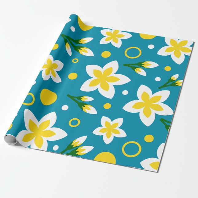 Papel De Presente Flores amarelas e brancas em um fundo azul (Desenrolado)