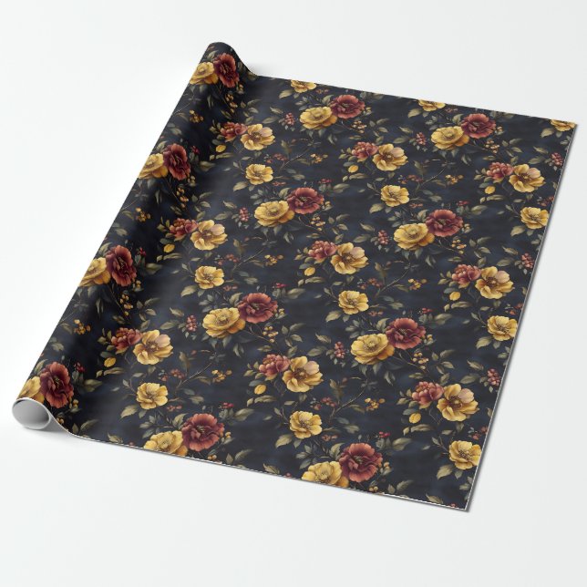 Papel De Presente Flores Amarelas e Rosa Escuro sobre Azul Marinho (Desenrolado)
