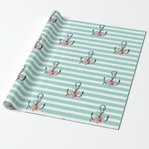 Papel De Presente Flores Âncora Náuticas Listras Verde Menta  