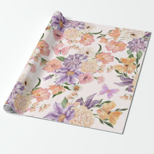 Papel De Presente Flores aquícolas e Borboletas, cor-de-rosa