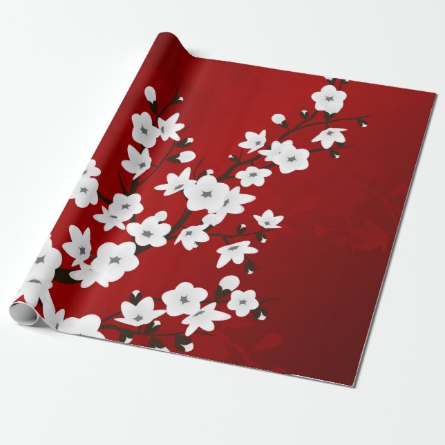 Papel De Presente Flores Asiáticas Vermelhas Brancas de Cerejeira (Desenrolado)