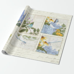 Papel De Presente Flores Azuis Densagem de Script Dragonfly
