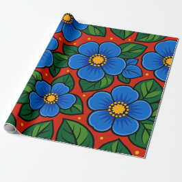 Papel De Presente Flores Azuis e Folhas Verdes em um Fundo Vermelho