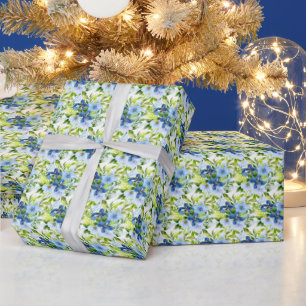 Papel De Presente Flores Azuis e Navy com Folhagem 