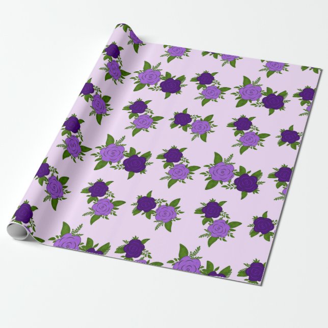 Papel De Presente Flores Azuis e Roxas com padrão violeta (Desenrolado)