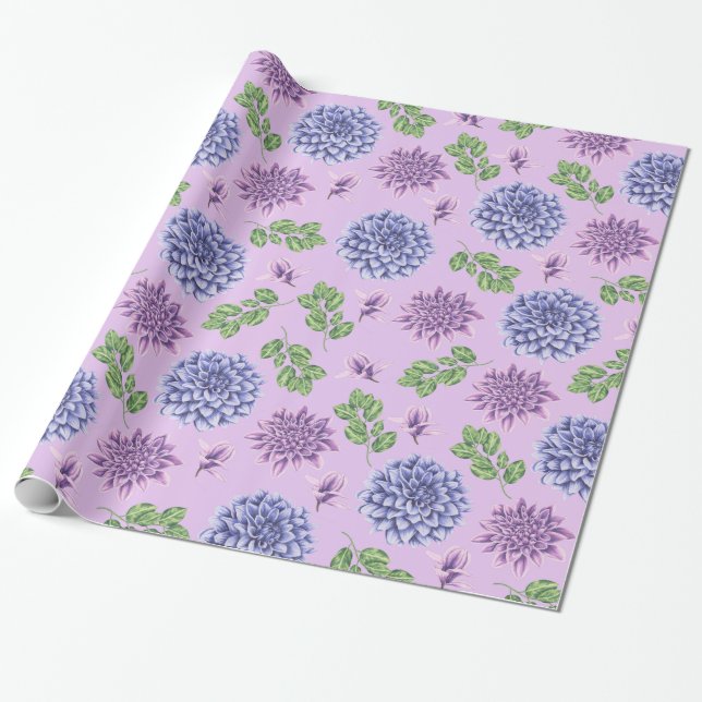 Papel De Presente Flores Azuis e Roxas em Lavanda (Desenrolado)