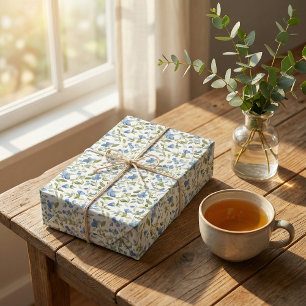Papel De Presente Flores Azuis e Verdes com Cor de Água em Branco