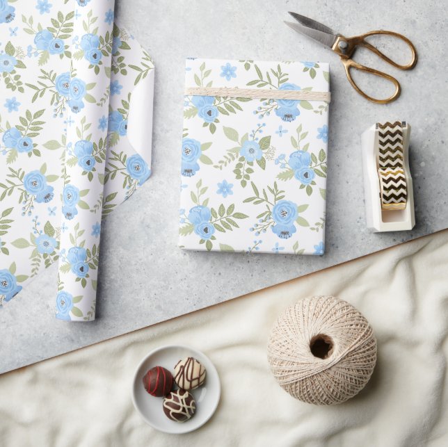 Papel De Presente Flores Azuis Elegantes & Botânica Verde (Artesanato)