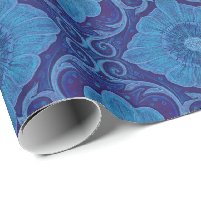 Papel De Presente "Flores azuis" motif floral, padrão boêmico (Ponta do rolo)