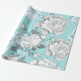 PAPEL DE PRESENTE FLÔRES AZUIS PASTEL E CINZA