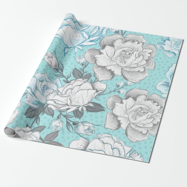 PAPEL DE PRESENTE FLÔRES AZUIS PASTEL E CINZA (Desenrolado)