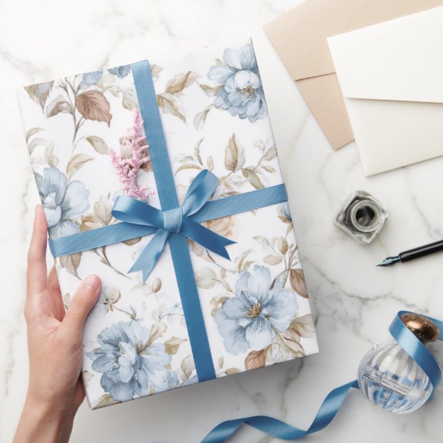 Papel De Presente Flores Azuis Românticas Bonitas Casamento (Presentear)
