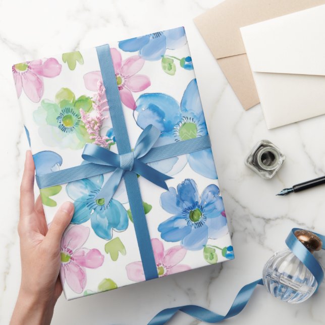 Papel De Presente Flores Azuis Rosa Chic de Aniversário (Presentear)