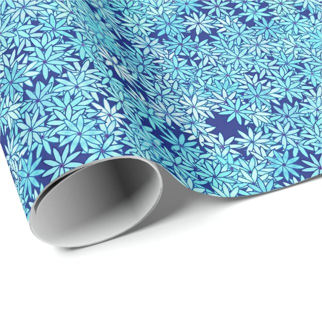 Papel De Presente Flores azul claro, fundo azul marinho (Ponta do rolo)