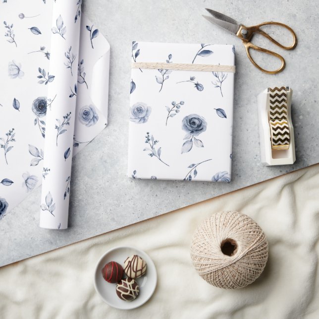 Papel De Presente Flores Azul-Marinho (Artesanato)