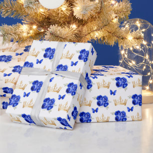Papel De Presente Flores Azul Real e Coroas Douradas