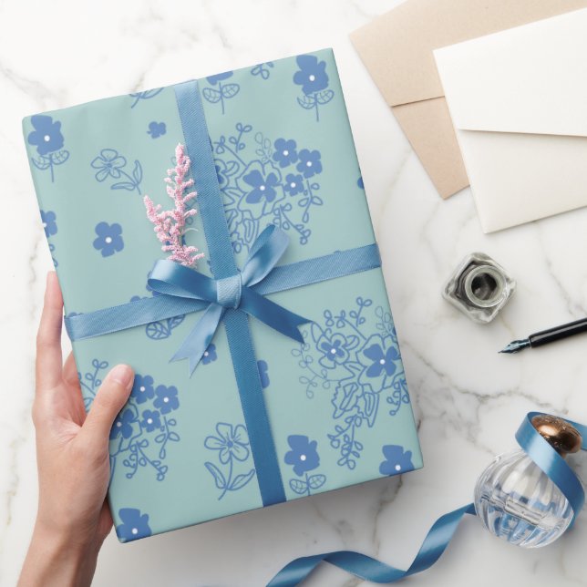 Papel De Presente Flores azules (Presentear)